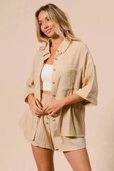 BiBi Crinkle Gauze Shirt and Short Set OATMEAL OutfitFlow