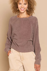 POL Round Neck Backless Sweater with Ribbed Edge Trendsi