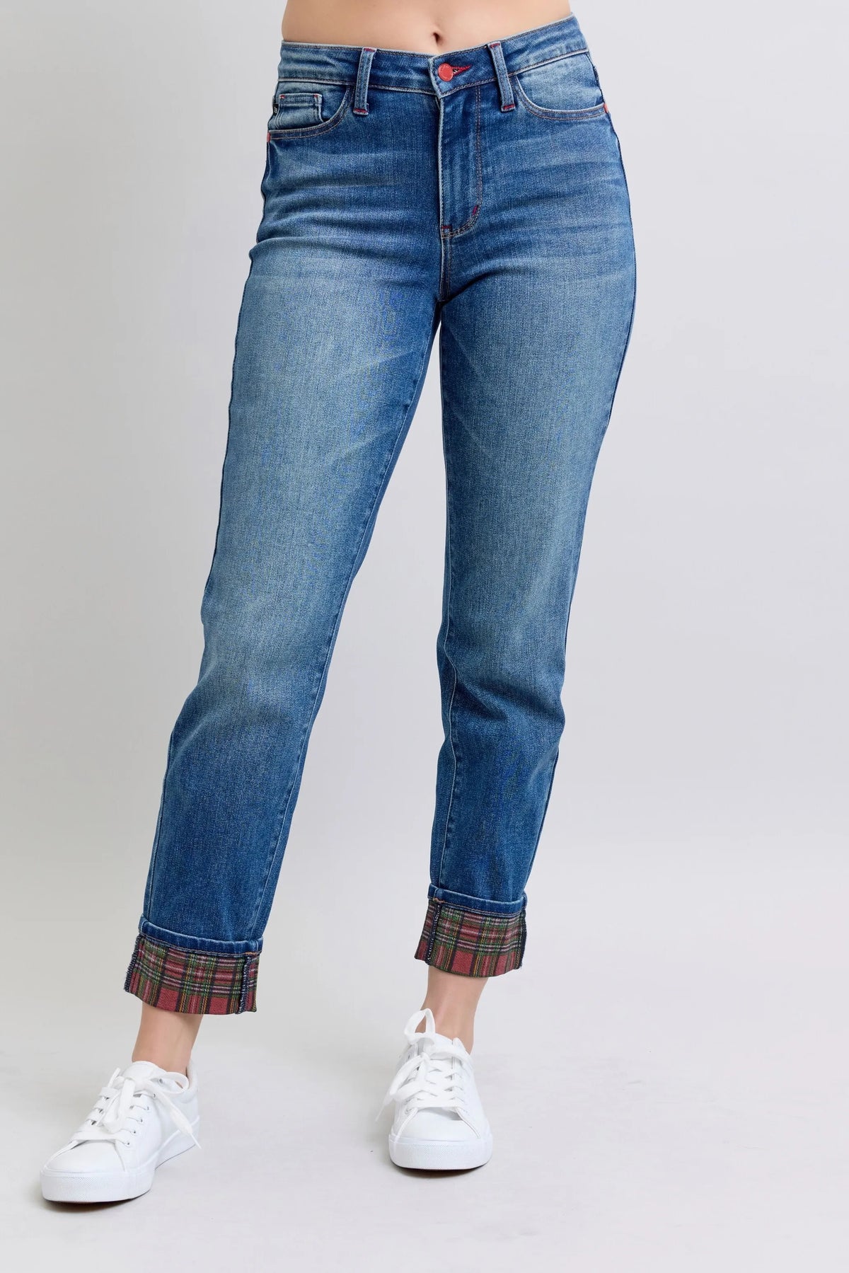 Judy Blue Full Size Mr Plaid Print Cuff Bf Jeans Plus Size Medium OutfitFlow