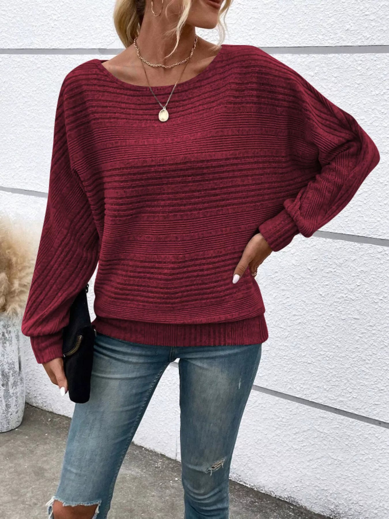 Ribbed Round Neck Long Sleeve Top OutfitFlow