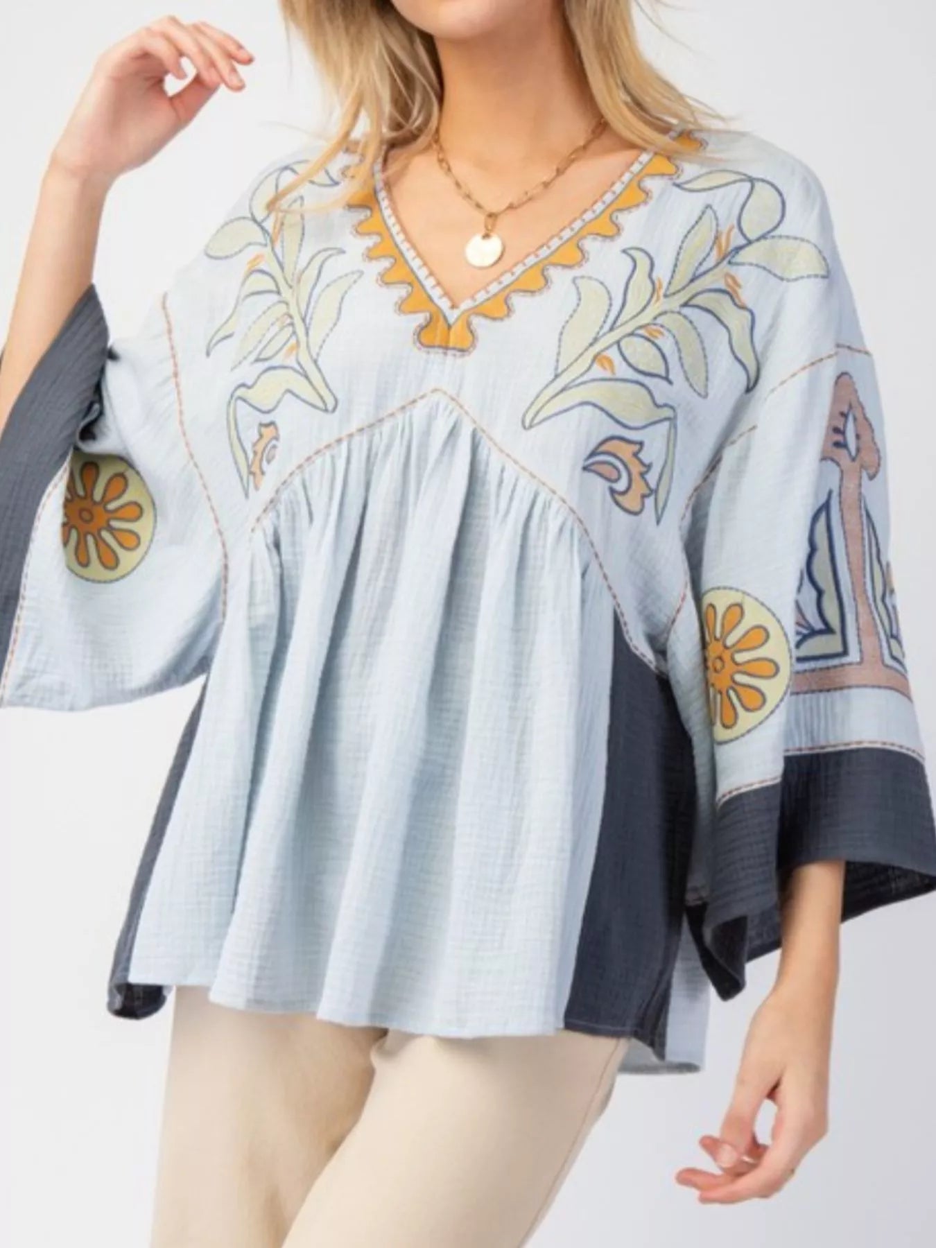 Printed V-Neck Top with Contrast Trim Details Blue And Dark Gray OutfitFlow