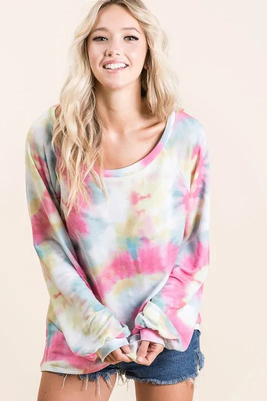 BiBi Tie Dye Print Terry Top With Puff Sleeves OutfitFlow