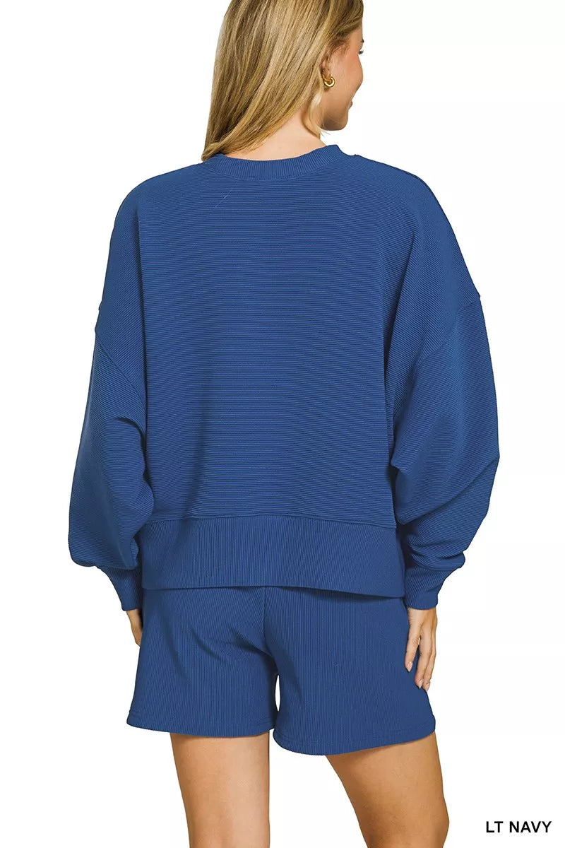 Zenana Ribbed Round Neck Pullover and Shorts Set OutfitFlow