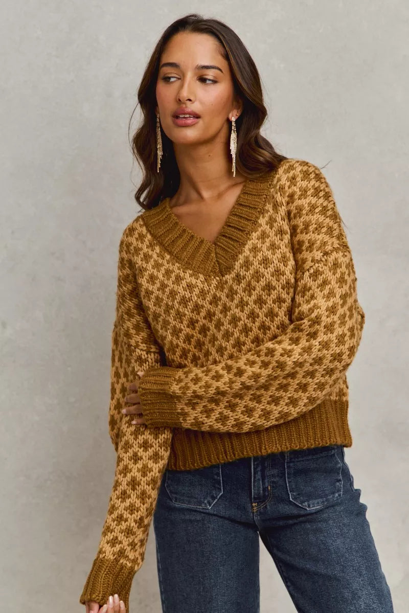 SO ME Color Block Textured Christmas Sweater V Neck Top OutfitFlow