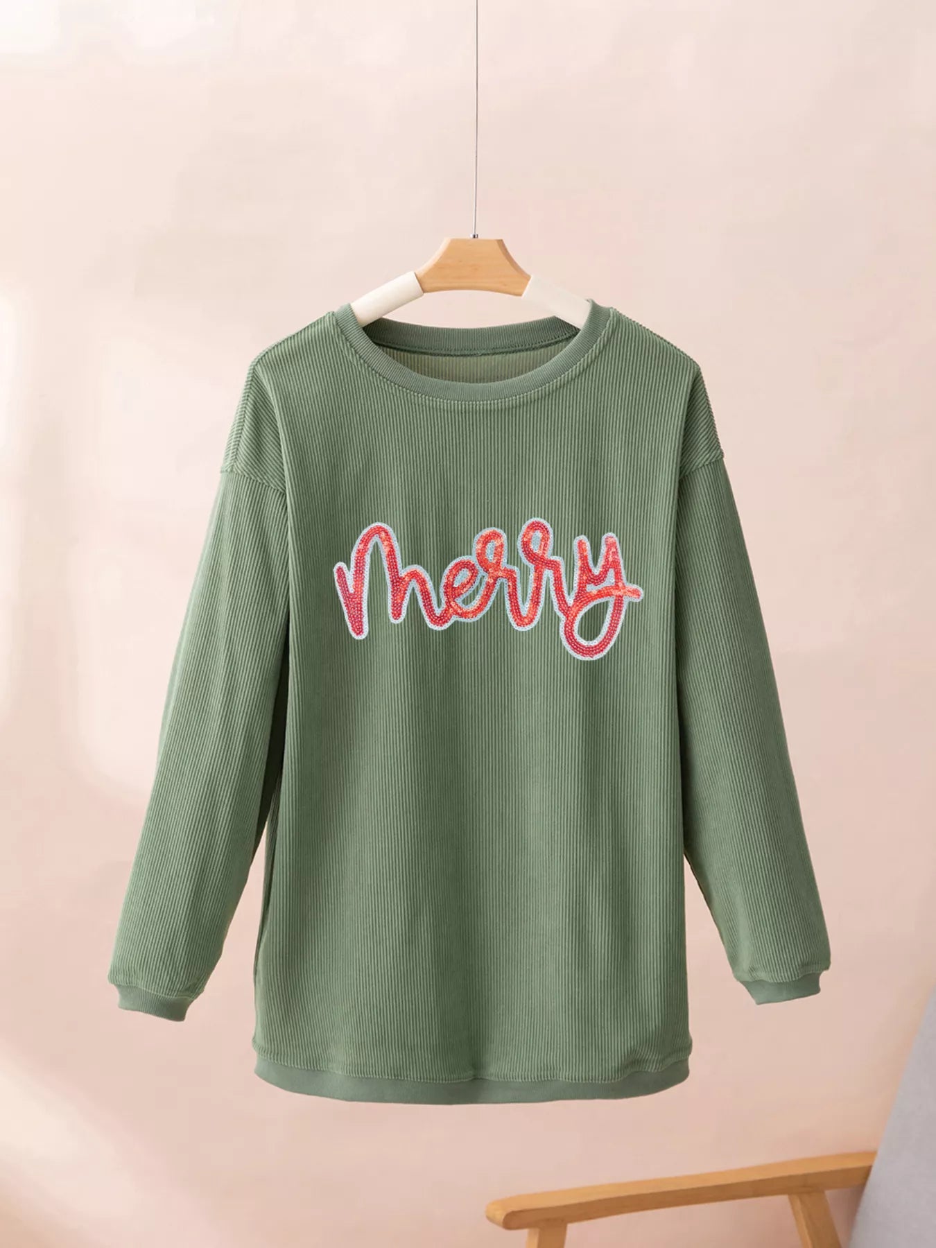 Merry Letter Christmas Sequined Twisted Ribbed Sweatshirt OutfitFlow