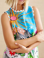 Printed Round Neck Sleeveless Mini Dress OutfitFlow