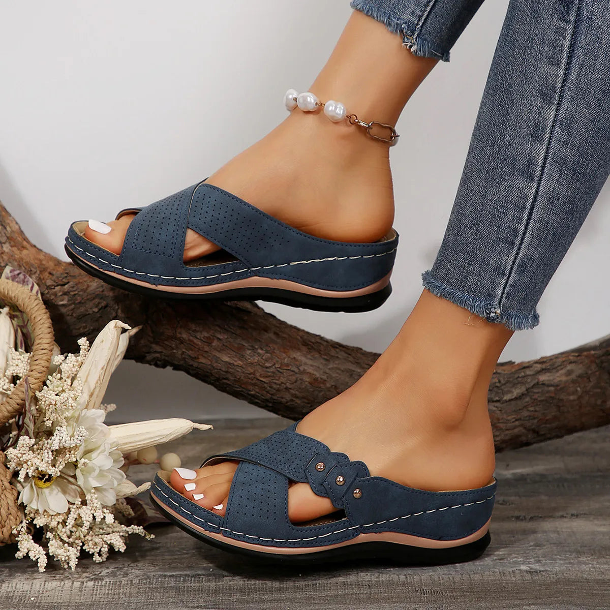 Crisscross Open Toe Wedge Sandals Blue OutfitFlow