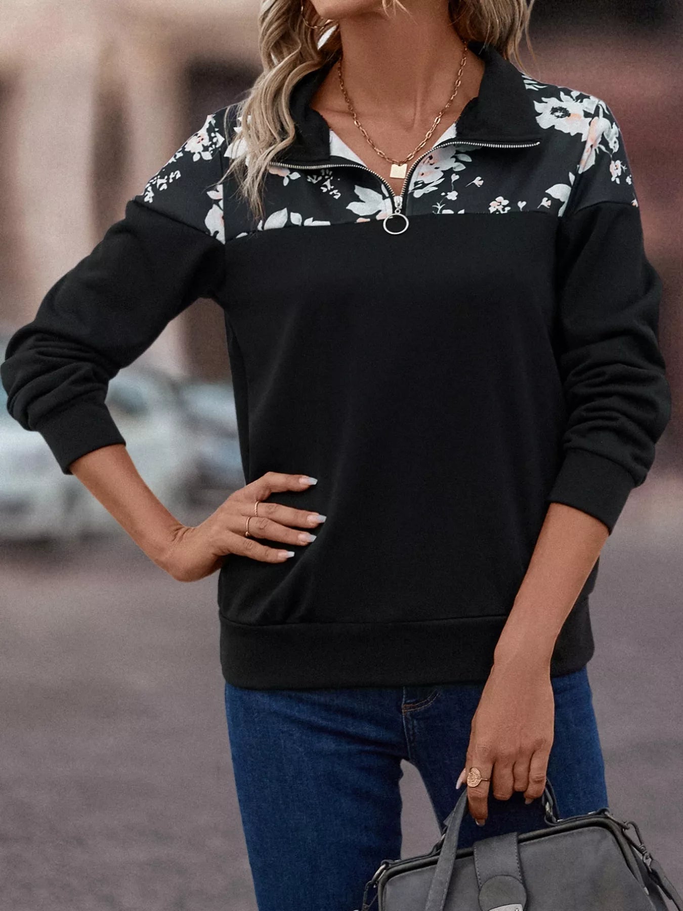 Floral Print Quarter Zip Sweatshirt OutfitFlow