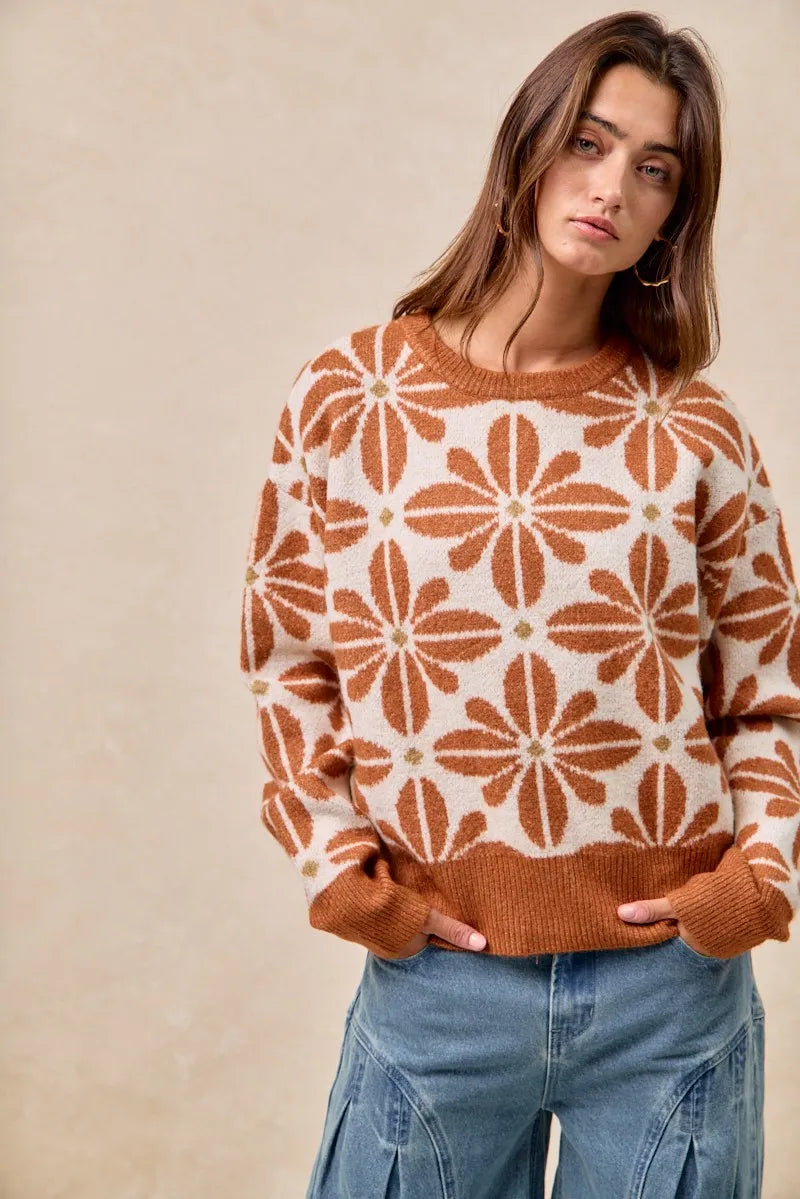 BiBi Flower Pattern Long Sleeve Sweater OutfitFlow