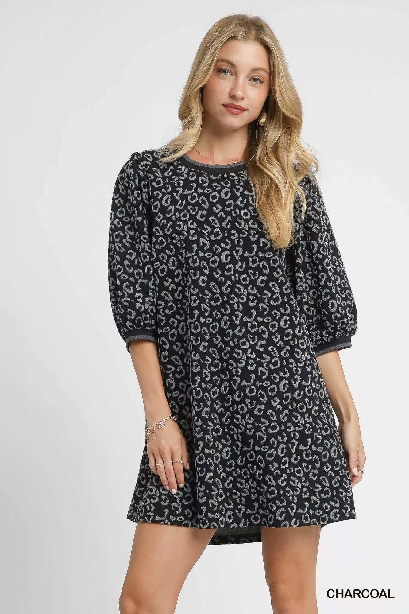 Umgee Leopard Print Jacquard Mini Dress CHARCOAL OutfitFlow
