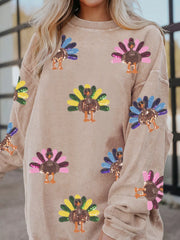 Full Size Turkey Graphic Corded Baggy Sweatshirt Plus Size Beige OutfitFlow