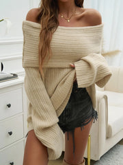 Devine Off-Shoulder Extra-Long Sleeve Sweater Beige OutfitFlow
