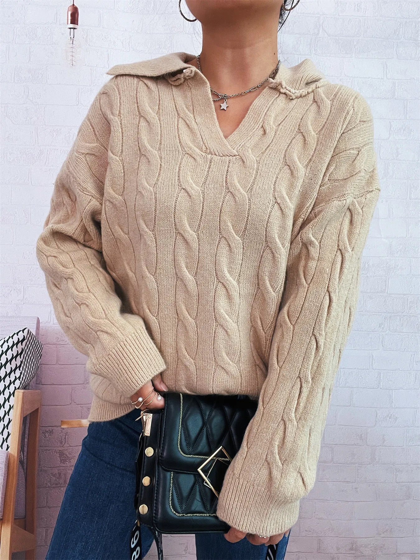 Cable Knit Johnny Collar Sweater Trendsi