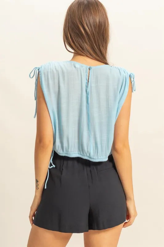 HYFVE Bubble Hem Side Tie Detail Round Neck Sleeveless Blouse OutfitFlow