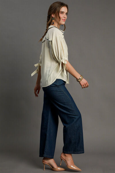 Umgee Full Size Embroidered Detail Button Down Shirt Plus Size OutfitFlow