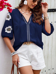 Embroidered Tie Neck Puff Sleeve Blouse Dark Blue OutfitFlow