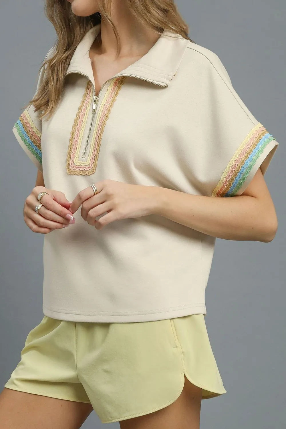 Umgee Contrast Trim Half Zip Collared Blouse OutfitFlow