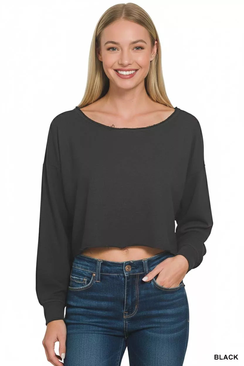 Zenana French Terry Boatneck Crop Top BLACK OutfitFlow