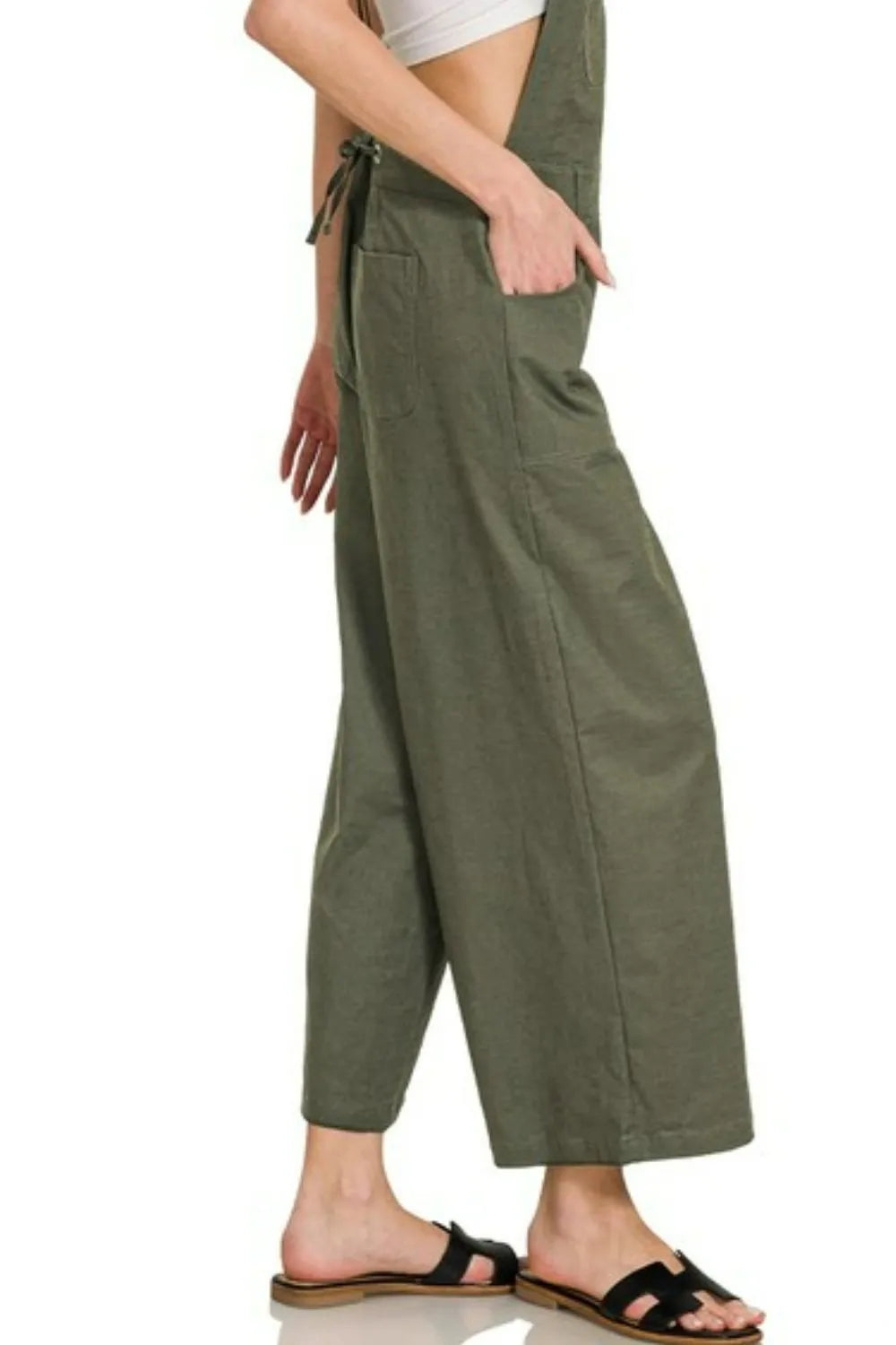 Zenana Woven Spaghetti Strap Overalls OutfitFlow