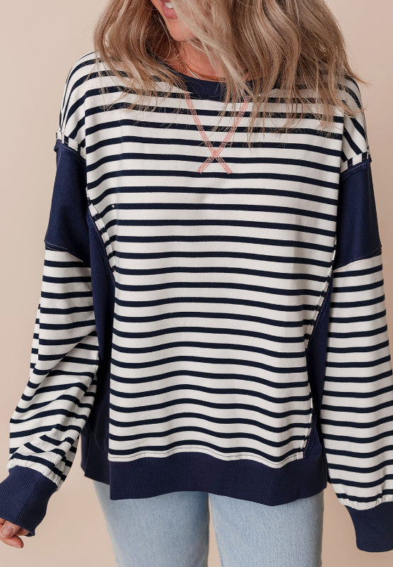 Outfit Flow - Exposed Seam Striped Long Sleeve Sweatshirt