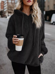 Full Size Half Zip Drawstring Fleece Hoodie Plus Size Black OutfitFlow