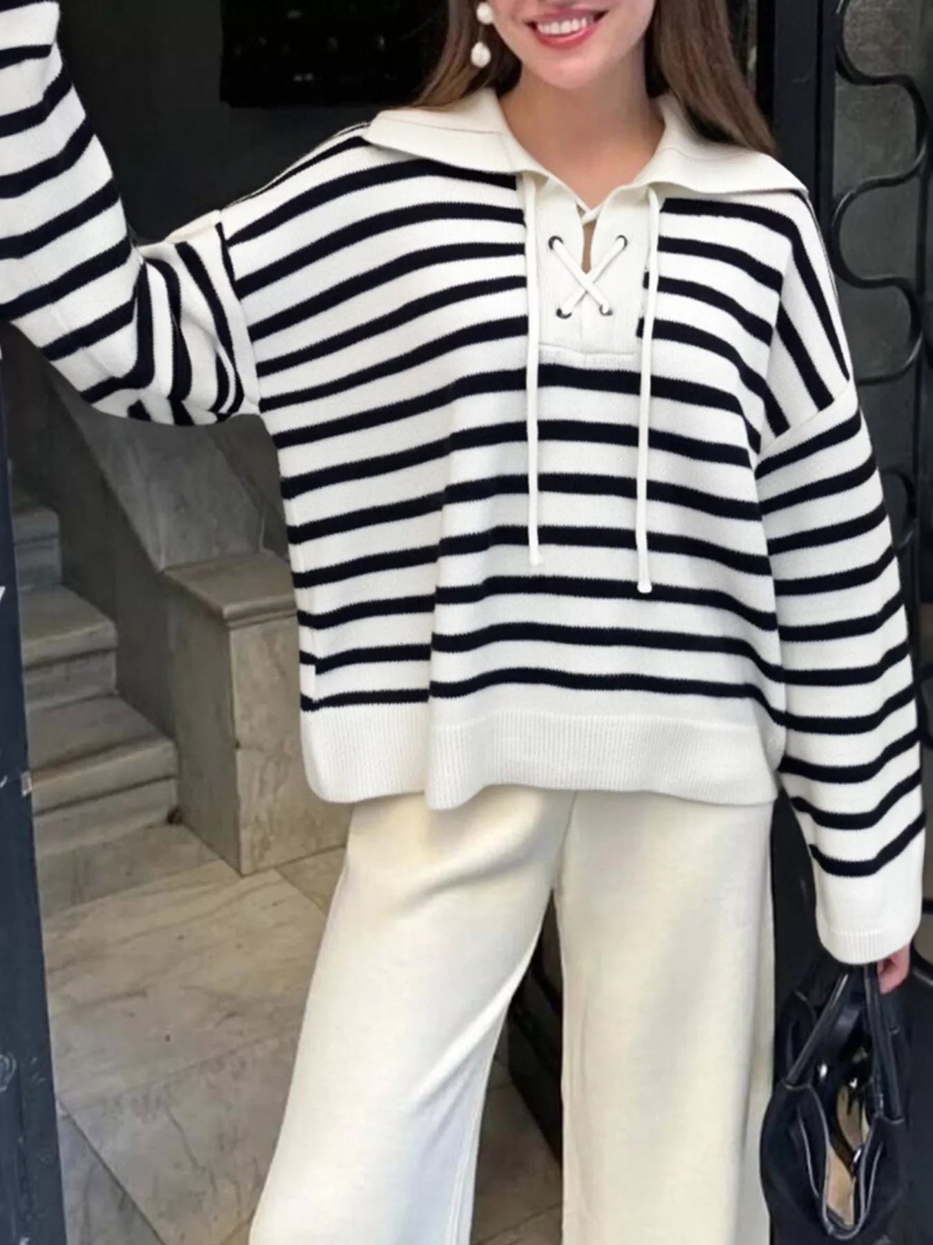 Striped Lace-Up Long Sleeve Sweater OutfitFlow