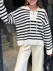 Striped Lace-Up Long Sleeve Sweater OutfitFlow