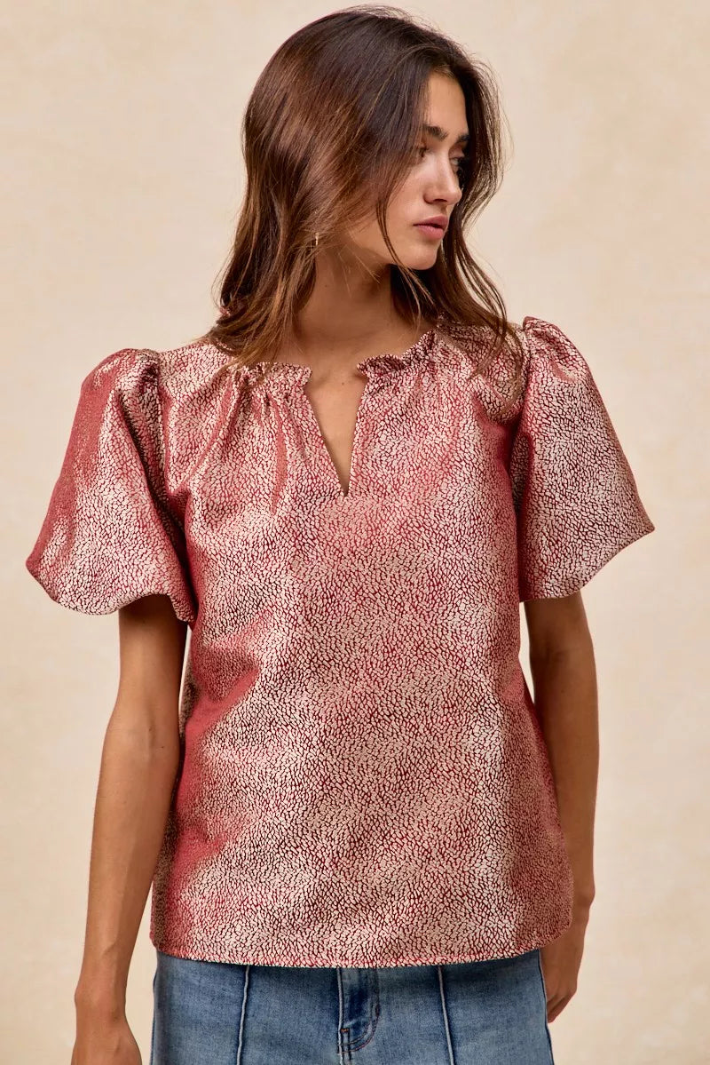 BiBi Jacquard Woven Short Balloon Sleeves V Neck Top OutfitFlow