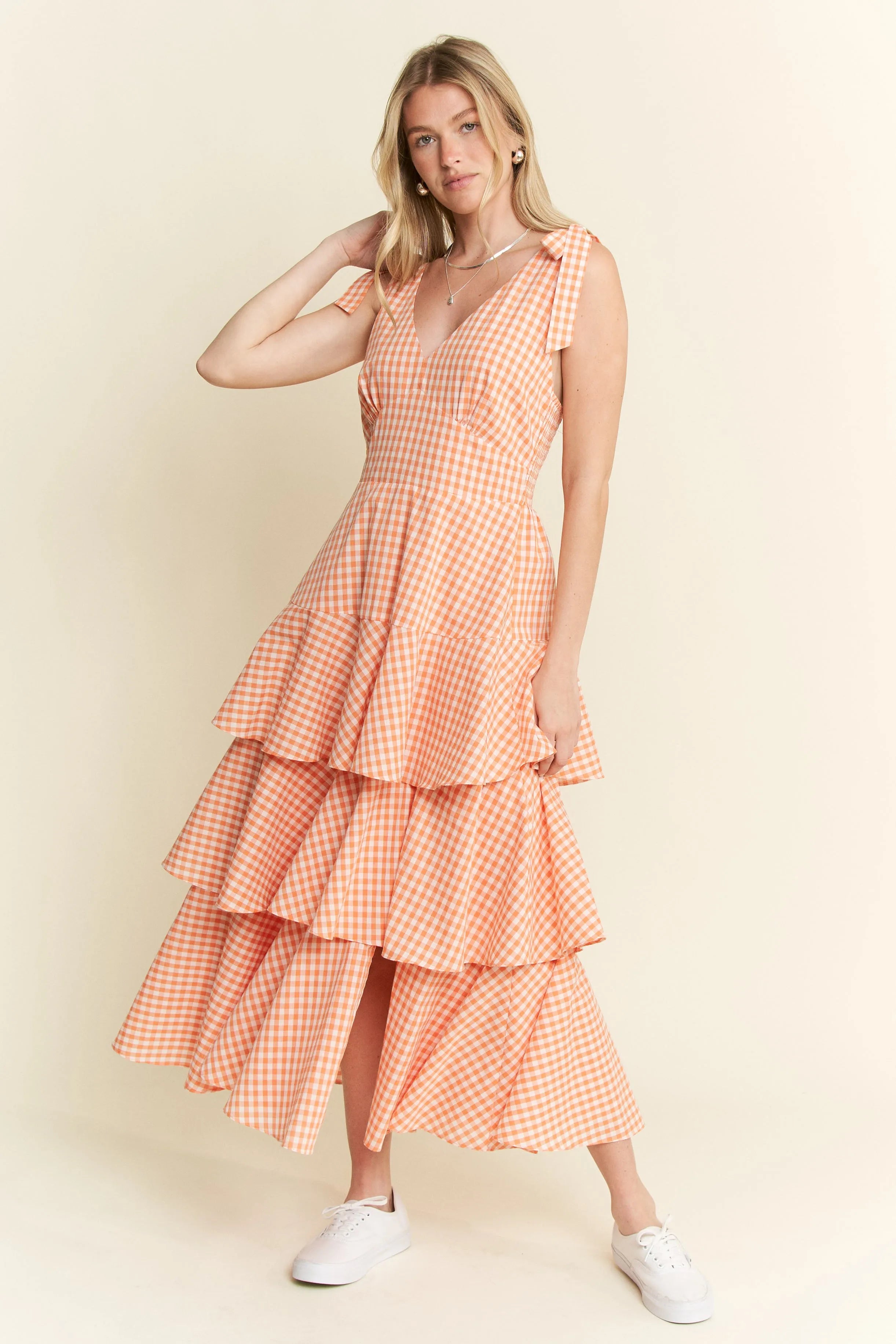 Jade By Jane Sleeveless Gingham Print Tiered Midi Dress ORANGE OutfitFlow