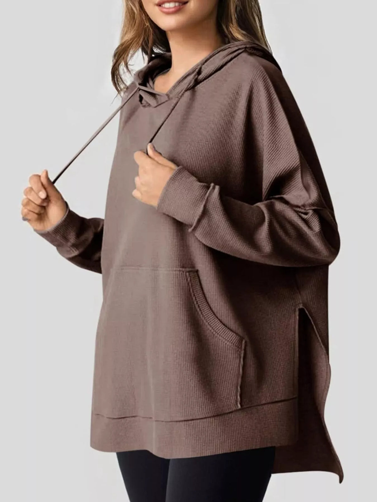 Oversized Drawstring Side Slit Hoodie Brown OutfitFlow