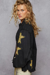 POL Star Patch Raw Hem Button Up Denim Jacket OutfitFlow