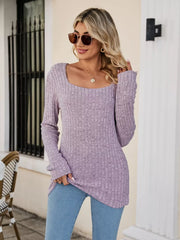 Ribbed Square Neck Long Sleeve T-Shirt Trendsi