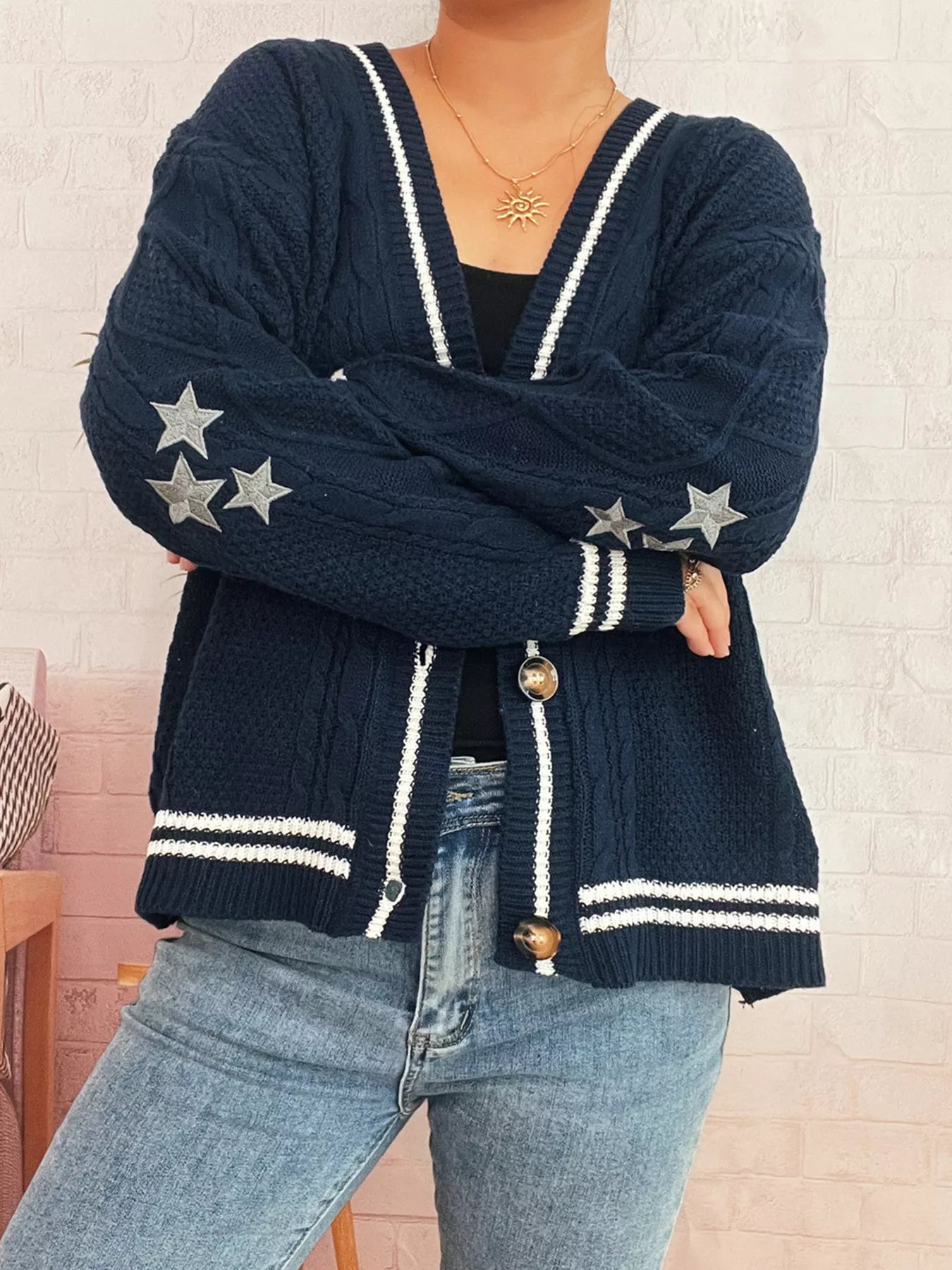 Star Pattern Button-Up Cardigan with Contrast Trim OutfitFlow