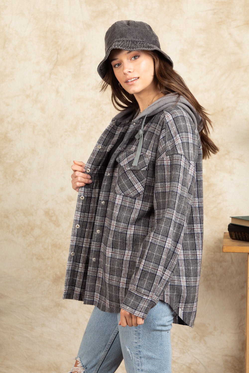 Outfit Flow - Drawstring Plaid Long Sleeve Hooded Jacket