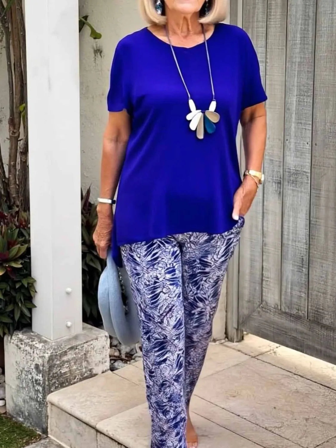 Full Size Round Neck Short Sleeve Top and Pants Set Plus Size Royal Blue OutfitFlow