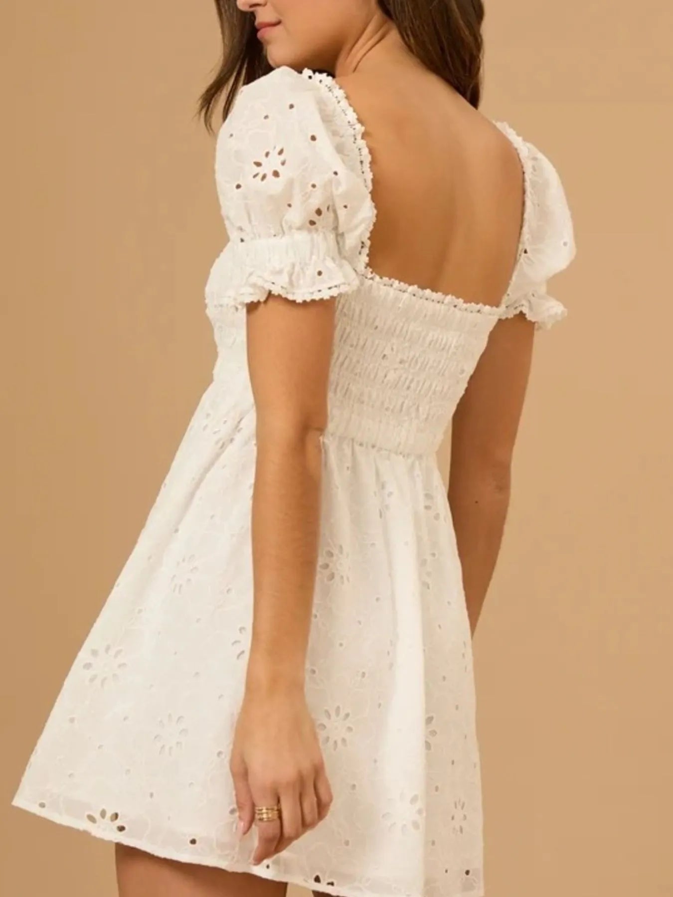 Eyelet Puff Sleeve Smocked Mini Dress OutfitFlow