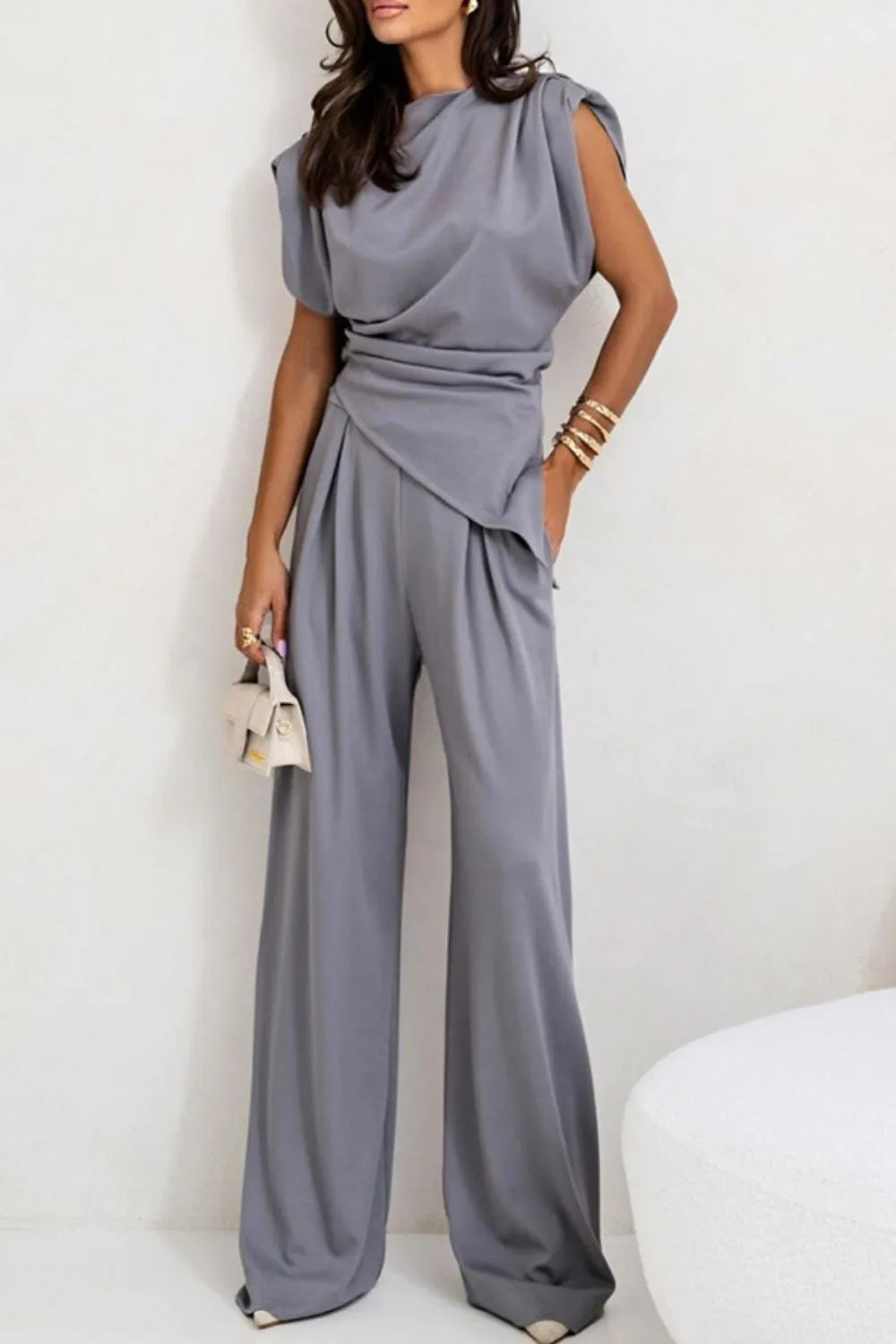 Round Neck Top and Pants Set Light Gray OutfitFlow
