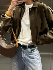 Plus Size Suede Cropped Bomber Jacket OutfitFlow