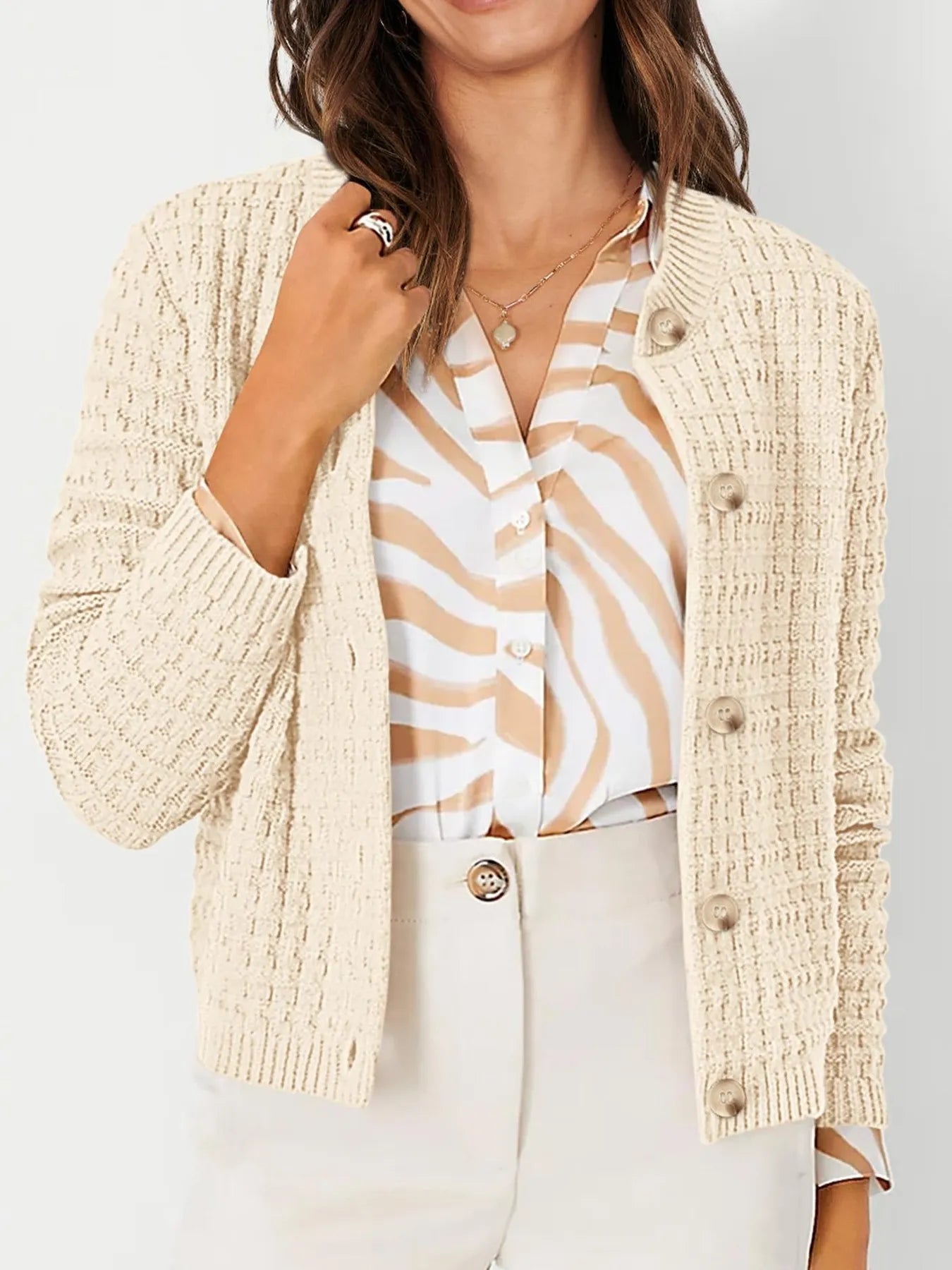 Textured Knit Button-Front Cardigan Apricot OutfitFlow