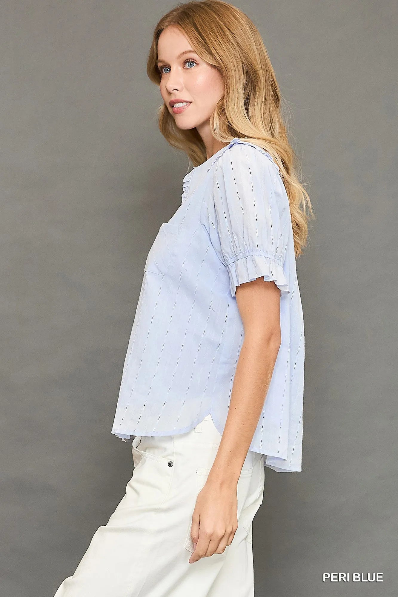 Umgee Peter Pan Collared Button Down Textured Shirt with Ruffled Detail Trendsi