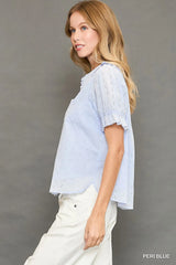 Umgee Peter Pan Collared Button Down Textured Shirt with Ruffled Detail Trendsi