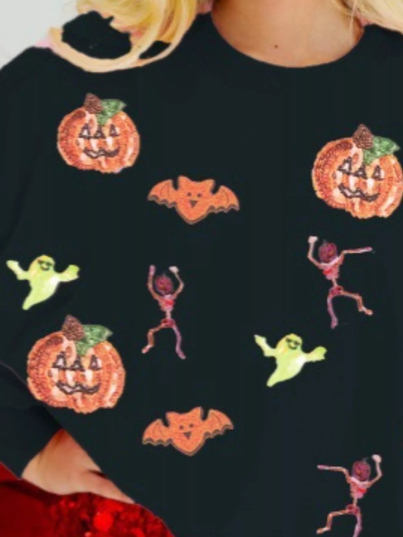 Halloween Sequin Round Neck Long Sleeve Sweatshirt OutfitFlow