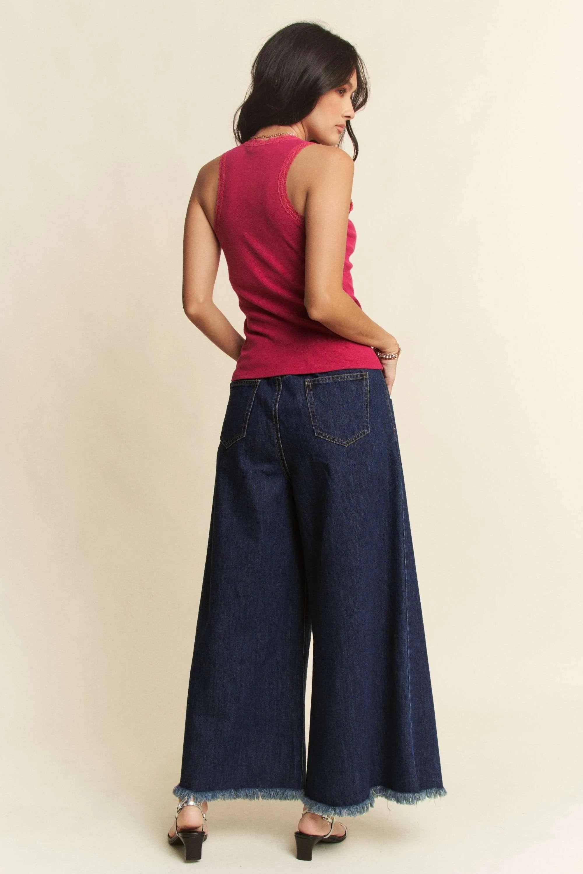 Davi & Dani Patch Pocket Wide Leg Culotte Jeans OutfitFlow