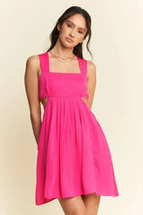 Davi & Dani Washed Satin Cutout Skirt Bandeau Mini Dress Hot Pink OutfitFlow