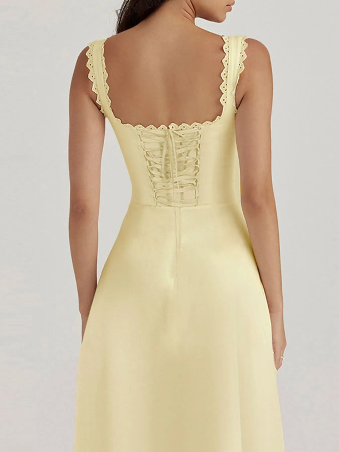 Scalloped V-Neck Midi Dress with Back Lace-Up OutfitFlow