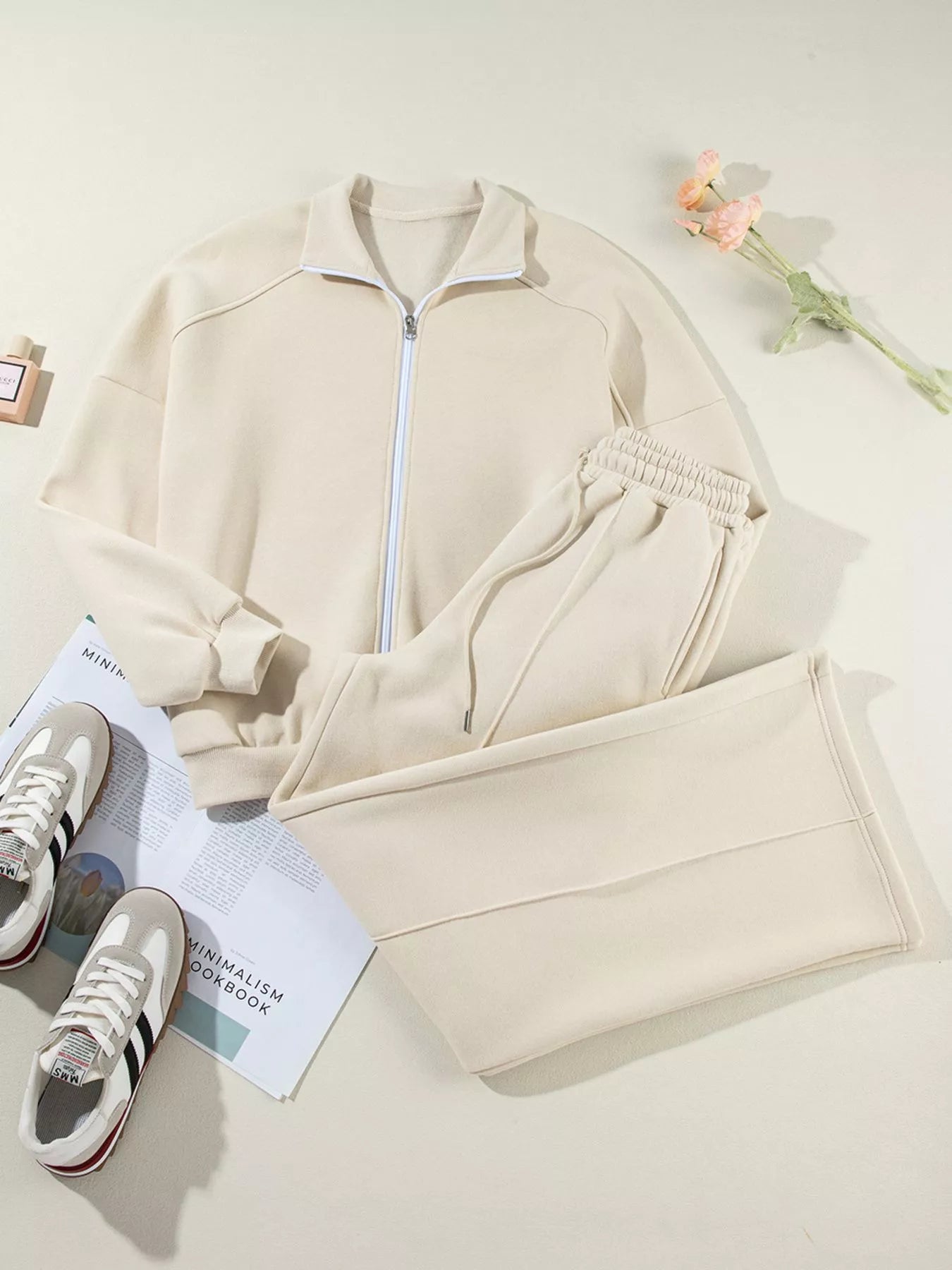 Drop Shoulder Zip Up Jacket and Drawstring Pants Active 2pcs Set OutfitFlow