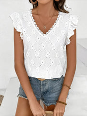 Ruffled Eyelet V-Neck Cap Sleeve Blouse OutfitFlow