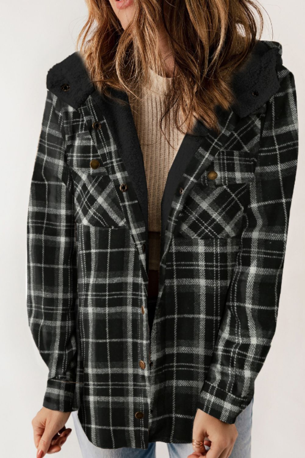 Outfit Flow - Plaid Button Up Long Sleeve Hooded Jacket