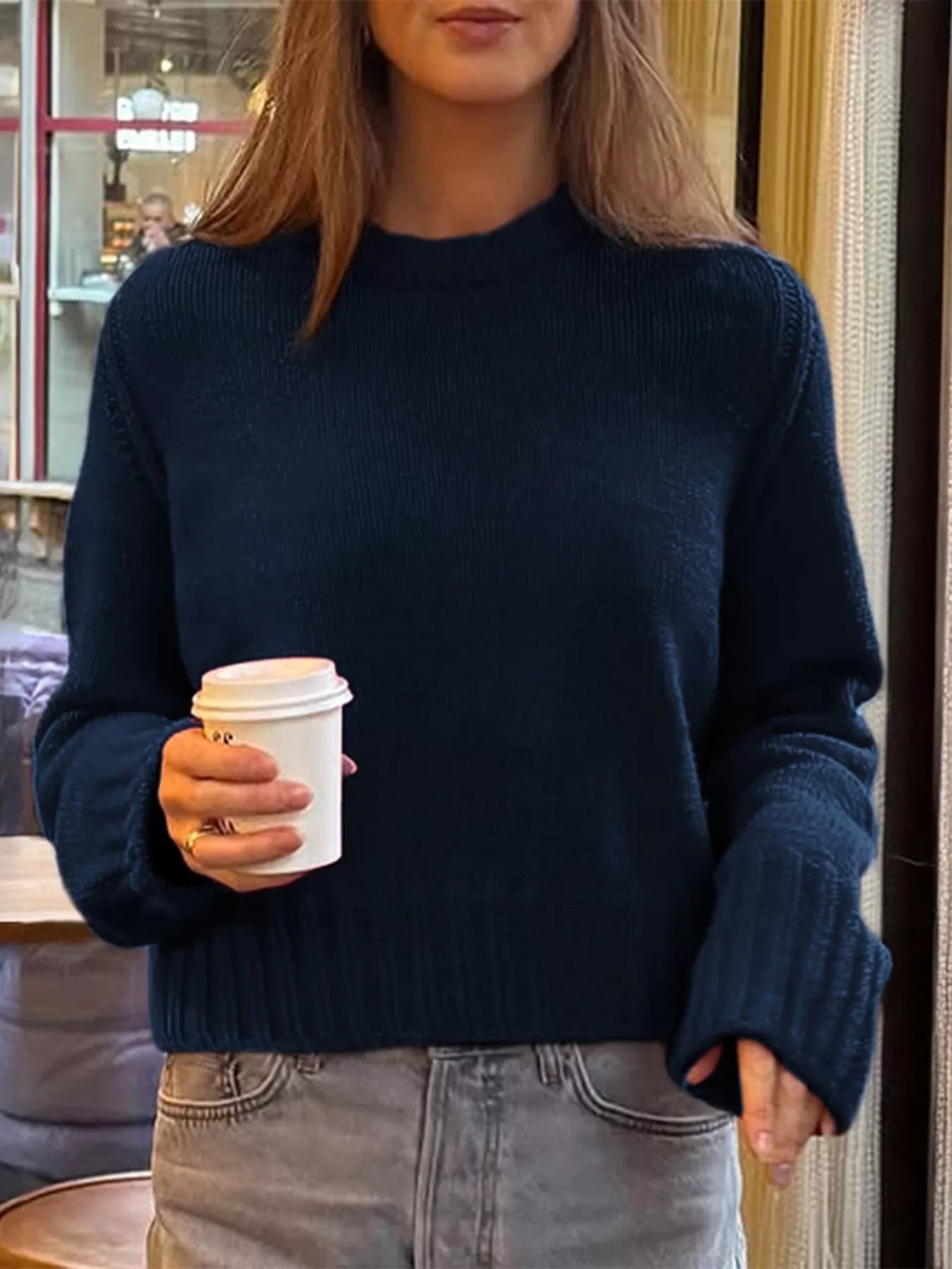 Ribbed Round Neck Sweater Navy OutfitFlow