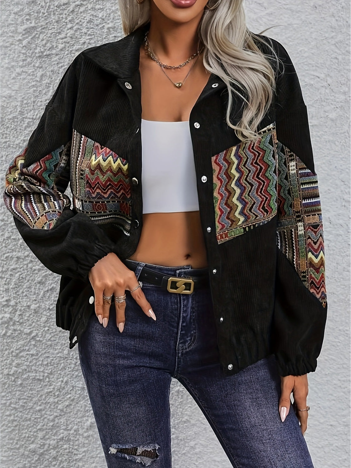 Outfit Flow - Embroidered Collared Neck Snap Down Jacket